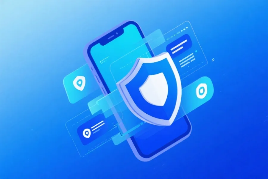 一个抽象图形,表现数据安全和应用程序升级,比如带有盾牌图标的智能手机,背景为科技感的蓝色渐变